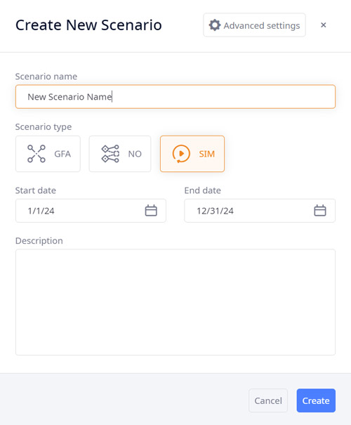 Scenario creation dialog in anyLogistix supply chain optimization software