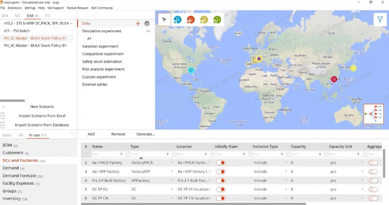 anyLogistix software interface for end-to-end supply chain management and optimization