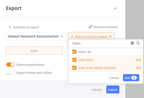 Scenario selection dialog for export in anyLogistix supply chain optimization software