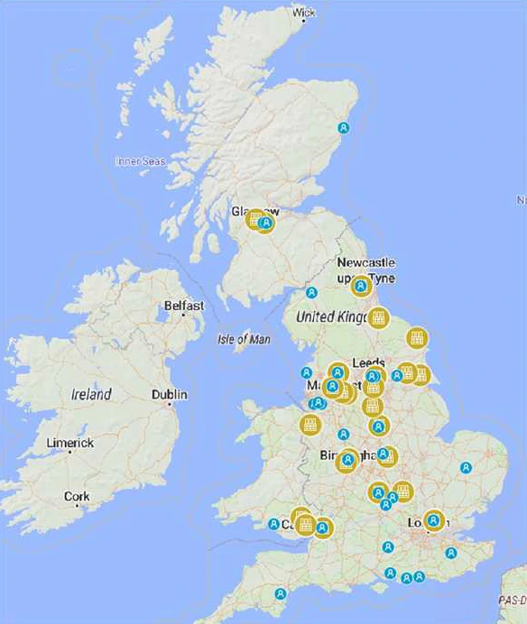 英国の顧客とベーカリーの所在地の地図