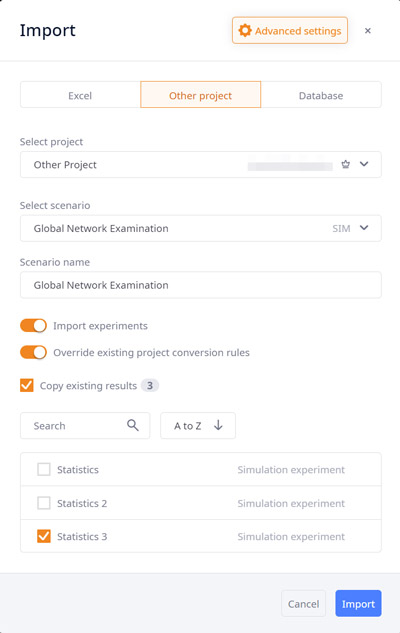 Importing scenarios from another project – advanced settings in anyLogistix supply chain optimization software