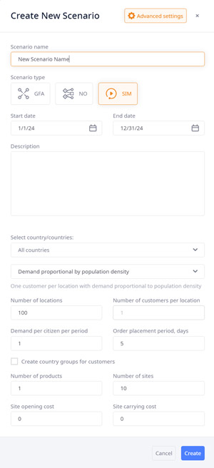 Scenario properties dialog in anyLogistix supply chain optimization software