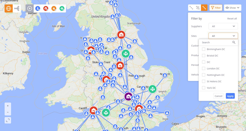 Optimized Map and Structure views in anyLogistix supply chain optimization software